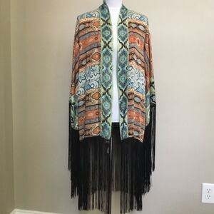 Boston Proper Bohemian Artsy Moasic Fringe Kimono Cardigan Wrap Cape Open Duster